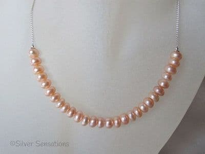 Pastel Peach Pink Cultured Freshwater Rondelle Pearls & Sterling Silver Chain Necklace