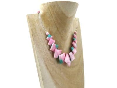 Pastel Pink & Green Jade Diamonds & Sterling Silver Curves Necklace