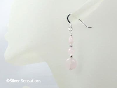 Pastel Pink Rose Quartz Coins Bead Earrings With Sterling Silver