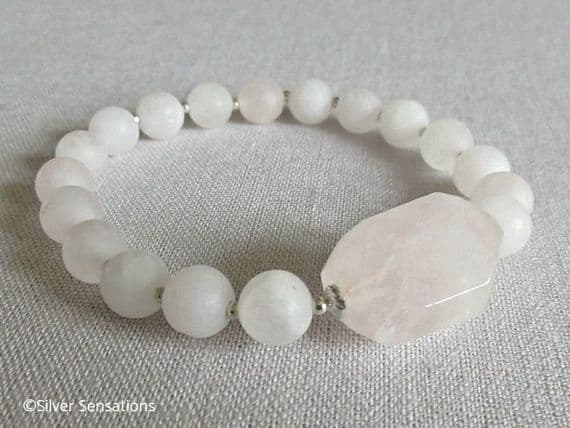 Pastel Pink Rose Quartz Faceted Nugget, Frosted Beads & Sterling Silver Bracelet | Silver Sensations
