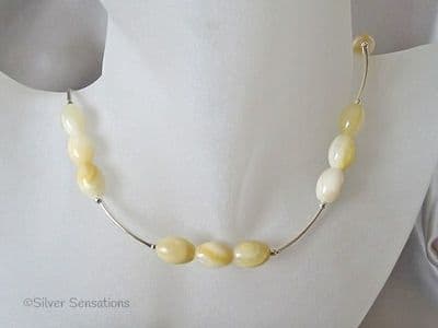 Peach & Cream Bowenite Jade & Sterling Silver Curves Necklace
