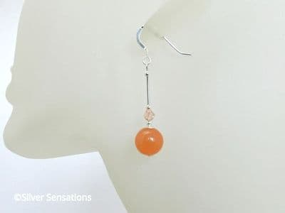 Peach Orange Jade Earrings With Sterling Silver Tubes & Austrian Made Crystals