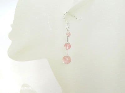 Peach Pink Cherry Quartz Beads & Sterling Silver Tubes Earrings