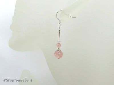 Peach Pink Cherry Quartz & Sterling Silver Beaded Earrings