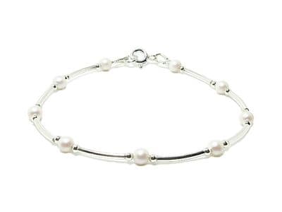 Pearlescent White Pearls &  Sterling Silver Bangle Bracelet