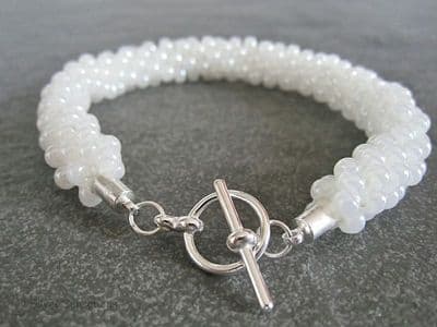 Pearly White Beaded & Woven Kumihimo Seed Bead Bracelet