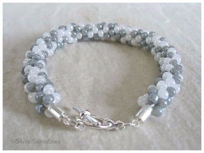 Pearly White & Pastel Grey Beaded & Woven Kumihimo Seed Bead Bracelet