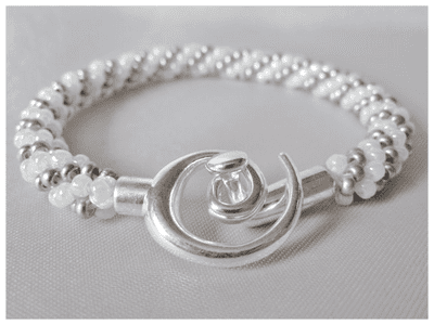 Pearly White & Silvery Grey Stripe Beaded & Woven Kumihimo Seed Bead Bracelet