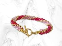 Pink, Gold & Red Long Stripe Kumihimo Seed Bead Bracelet | Silver Sensations