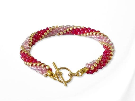 Pink, Gold & Red Long Stripe Kumihimo Seed Bead Bracelet | Silver Sensations