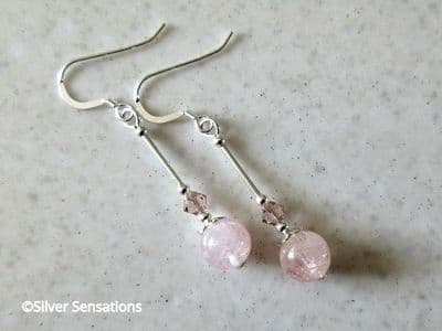 Pink Morganite Earrings With Sterling Silver Tubes & Austrian Made Crystals
