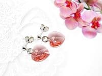 Pink Orange Heart Crystals & Sterling Silver Dangly Stud Earrings | Silver Sensations