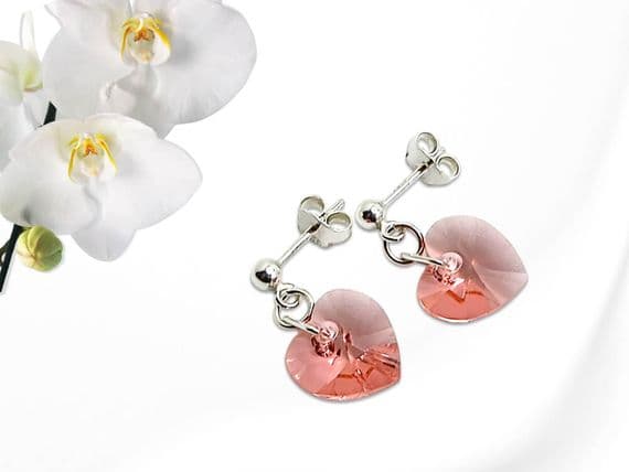 Pink Orange Heart Crystals & Sterling Silver Dangly Stud Earrings | Silver Sensations