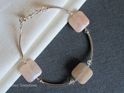 Pink Peach Aventurine, Austrian Made Crystals & Sterling Silver Bracelet