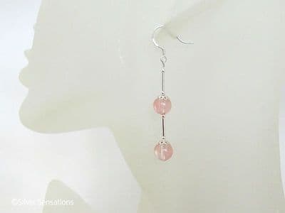Pink Peach Cherry Quartz Beads & Sterling Silver Long Drop Earrings