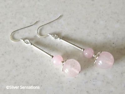 Pink Rose Quartz Earrings With Sterling Silver Tubes