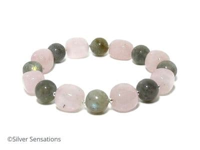 Pink Rose Quartz & Grey Labradorite Beads Bracelet With Sterling Silver