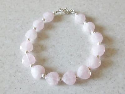 Pink Rose Quartz Hearts Bracelet With White Austrian Pearls