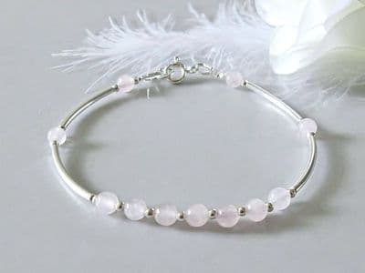 Pink Rose Quartz & Sterling Silver Curve Tubes Bracelet