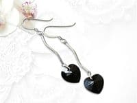 Premium Jet Black Crystal Heart & Sterling Silver Curved Bar Earrings | Unique high quality handmade jewellery designs | Silver Sensations