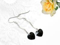 Premium Jet Black Crystal Heart & Sterling Silver Curved Bar Earrings | Unique high quality handmade jewellery designs | Silver Sensations