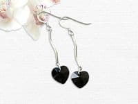 Premium Jet Black Crystal Heart & Sterling Silver Curved Bar Earrings | Unique high quality handmade jewellery designs | Silver Sensations