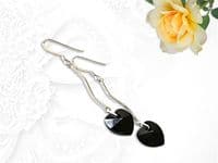 Premium Jet Black Crystal Heart & Sterling Silver Curved Bar Earrings | Unique high quality handmade jewellery designs | Silver Sensations