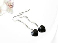 Premium Jet Black Crystal Heart & Sterling Silver Curved Bar Earrings | Unique high quality handmade jewellery designs | Silver Sensations