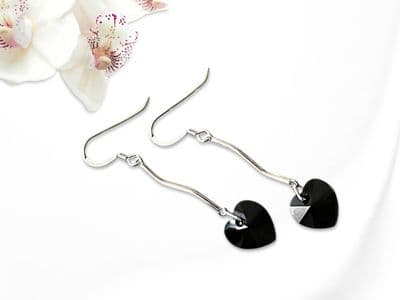Premium Jet Black Crystal Heart & Sterling Silver Curved Bar Earrings