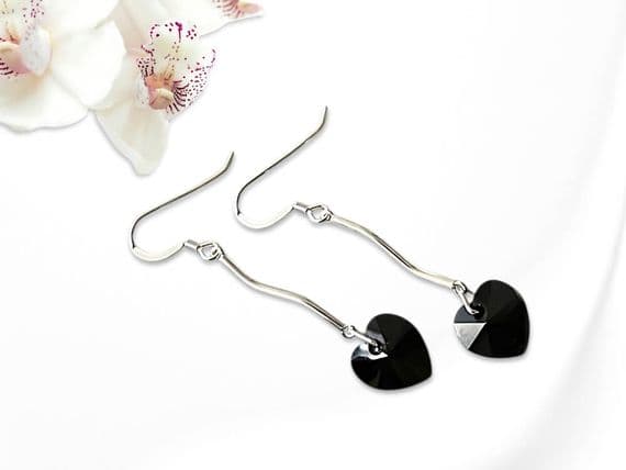 Premium Jet Black Crystal Heart & Sterling Silver Curved Bar Earrings | Unique high quality handmade jewellery designs | Silver Sensations