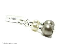 Premium Platinum & Ivory Cream Pearls & Sterling Silver Short Drop Earrings | Silver Sensations