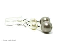 Premium Platinum & Ivory Cream Pearls & Sterling Silver Short Drop Earrings | Silver Sensations
