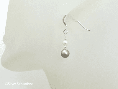 Premium Platinum & Ivory Cream Pearls & Sterling Silver Short Drop Earrings