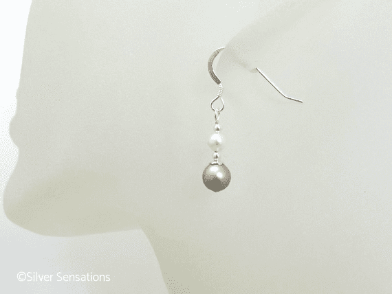 Premium Platinum & Ivory Cream Pearls & Sterling Silver Short Drop Earrings | Silver Sensations