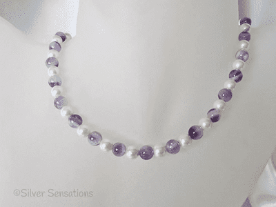 Purple Amethyst & White Austrian Made Pearls Sterling Silver Necklace
