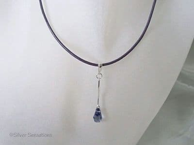 Purple Austrian Made Crystal Teardrop & Sterling Silver Curved Bar Pendant Leather Necklace