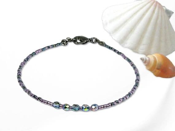 Purple & Dark Grey/Green Seed Bead Surfer Stacking Fashion Bracelet | Silver Sensations