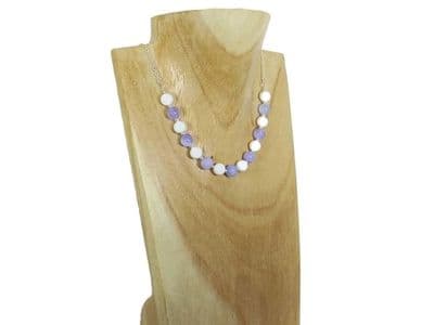 Purple Jade, White Agate & Sterling Silver Chain Necklace