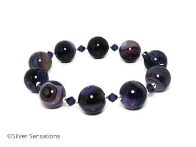 Purple Stripey Banded Agate Bracelet With Austrian Made Crystals & Sterling Silver