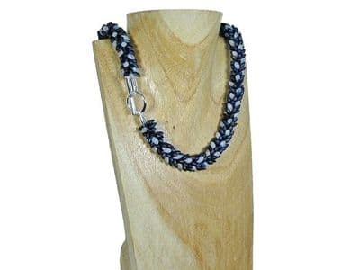 Rainbow Blue Black & Frosted Clear Petals Kumihimo Necklace