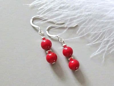 Red Beaded Short Drop Earrings With Sterling Silver