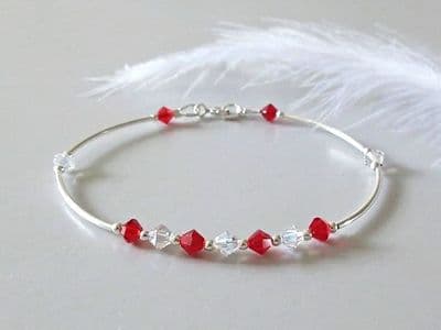 Red & Clear Sparkly Crystals & Sterling Silver Bangle Bracelet