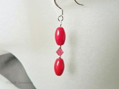 Red Coral Rice & Red Crystals Sterling Silver Dainty Drop Earrings