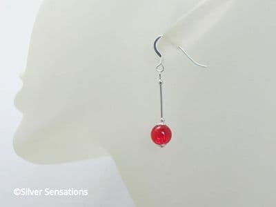 Red Crackled Glass Earrings With Sterling Silver Tubes