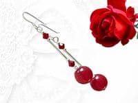 Red Jade Earrings With Swarovski Crystals & Sterling Silver Tubes | Silver Sensations