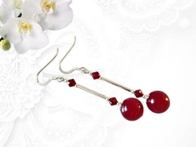 Red Jade Earrings With Swarovski Crystals & Sterling Silver Tubes