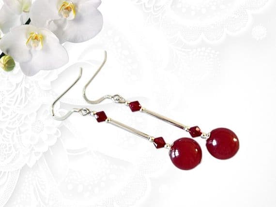 Red Jade Earrings With Swarovski Crystals & Sterling Silver Tubes | Silver Sensations