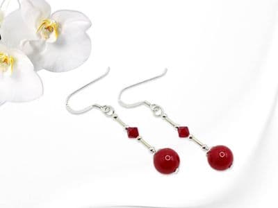 Red Jade Sterling Silver Earrings With Premium Crystals