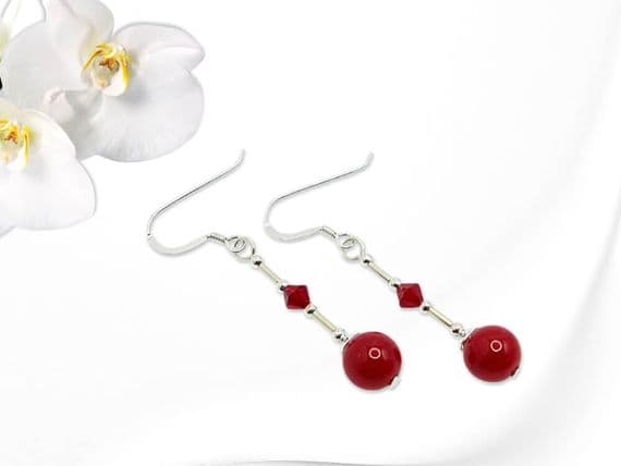 Red Jade Sterling Silver Earrings With Premium Crystals | Silver Sensations
