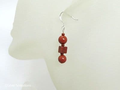 Red Jasper Rounds & Square Cube Sterling Silver Earrings